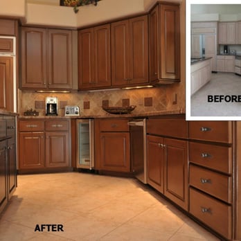 Designer Cabinet Refinishing - White Washed Oak Cabinets Refinished in our Designer Finish Dark Birch with Espresso Island Accent - Refinishing Services Near Me - Phoenix, Arizona Designer Cabinet Refinishing - White Washed Oak Cabinets Refinished in our Designer Finish Dark Birch with Espresso Island Accent - Refinishing Services Near Me - Phoenix, Arizona