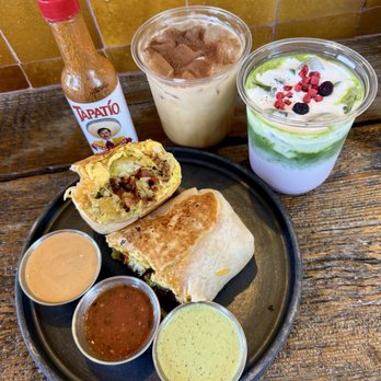 Salty Horse - JH Breakfast Burrito (with bacon), Golden Dunes and Berries and Cream Matcha - Cafes Near Me - Costa Mesa, California Salty Horse - JH Breakfast Burrito (with bacon), Golden Dunes and Berries and Cream Matcha - Cafes Near Me - Costa Mesa, California