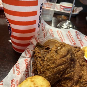 Waldo's Chicken and Beer - Close up of the chicken, roll, and drink! - Salad Near Me - Memphis, Tennessee Waldo's Chicken and Beer - Close up of the chicken, roll, and drink! - Salad Near Me - Memphis, Tennessee