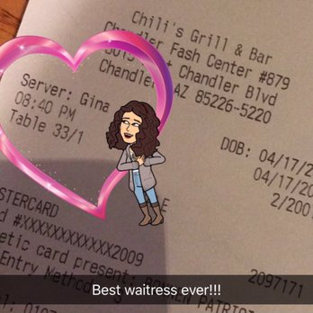 Chili's - Gina was an exceptional waitress! Ask for her next time you dine at Chilies! - American Near Me - Chandler, Arizona Chili's - Gina was an exceptional waitress! Ask for her next time you dine at Chilies! - American Near Me - Chandler, Arizona