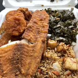 Bucky’s Seafood & Deep southern Cooking - Tilapia, Scallops, collards, seafood rice