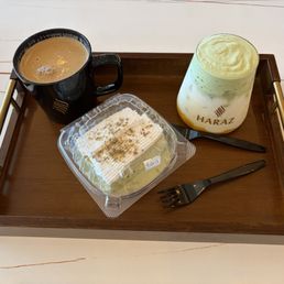 Mango Cloud Matcha w/ pistachio milk cake!! Harazi Mufawar as well. Mango Cloud Matcha w/ pistachio milk cake!! Harazi Mufawar as well.
