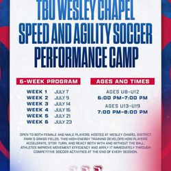 Tampa Bay United Soccer Club - TBU Wesley Chapel Speed and Agility Soccer Performance Camp. Focused on acceleration, footwork, and reaction time for players ages U8-U19.