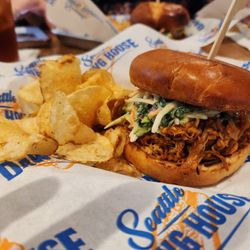 Seattle DAWG HOUSE - BBQ pork sandwich at Seattle Dawg House, Sea-Tac Airport... D gate cooridor.