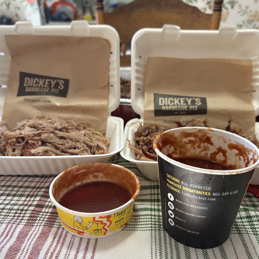 Dickey's Barbecue Pit - 2 pounds of pulled pork and 1 small container of regular bbq sauce and 1/2 pint of spicy bbq sauce. - Barbeque Near Me - Philadelphia, Mississippi Dickey's Barbecue Pit - 2 pounds of pulled pork and 1 small container of regular bbq sauce and 1/2 pint of spicy bbq sauce. - Barbeque Near Me - Philadelphia, Mississippi