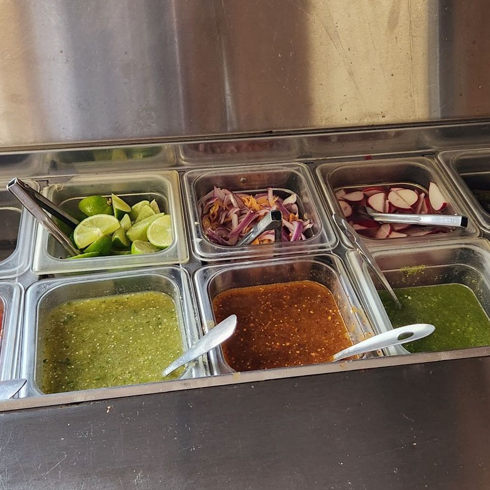 salsa Bar. The salsa on the far left is for chips. And starting from the left side is mild to spicy. salsa Bar. The salsa on the far left is for chips. And starting from the left side is mild to spicy.