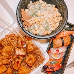 Miso Ramen, Sushi Bento, and a platter from Megumi their sister restaurant across the court!