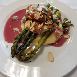 Ridge Golf Course & Events Center - The chicken, mashed potatoes and asparagus with sauce and fixings. Delicious!