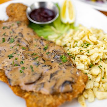 Ludwig's Biergarten - Jägerschnitzel w/ Spätzle and Lingonberry Sauce ($28) - German Near Me - Mountain View, California Ludwig's Biergarten - Jägerschnitzel w/ Spätzle and Lingonberry Sauce ($28) - German Near Me - Mountain View, California