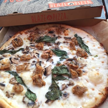Blaze Pizza - Sausage, mushrooms, and basil on top of mozzarella with white sauce. - Pizza Near Me - Irvine, California