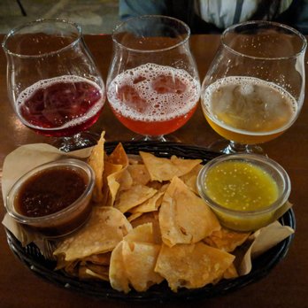 Fieldwork - Drinks from left to right: raspberry parfait, caribbean queen, and lorelai (tasters) Tortilla chips. - Beer Bar Near Me - San Mateo, California