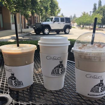 Rail Side Cafe - Iced vanilla latte, hot chai tea latte, and iced chai tea latte (all regular sizes) - Coffee & Tea Near Me - San Dimas, California