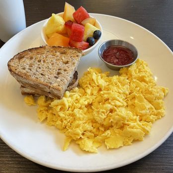 Beach Plum Kitchen - Eggs, fruit, and homemade multigrain toast (with homemade strawberry basil jam!) - New American Near Me - Carlsbad, California