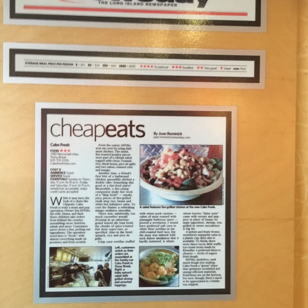 Cabo Fresh Mexican Grill - Newsday has hey beautiful review when you first walk into the place posted on the wall. - Mexican Near Me - Stony Brook, New York Cabo Fresh Mexican Grill - Newsday has hey beautiful review when you first walk into the place posted on the wall. - Mexican Near Me - Stony Brook, New York