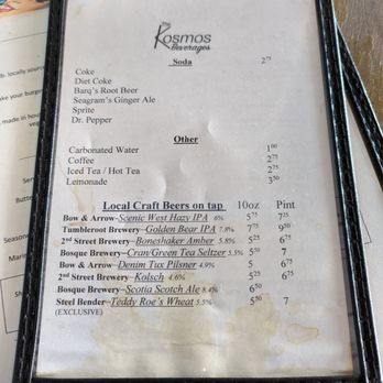 The Kosmos - Menu September 2023 - A menu from The Kosmos Beverages features soda options, other drinks, and local craft beers on tap, with prices listed. - Bars Near Me - Albuquerque, New Mexico