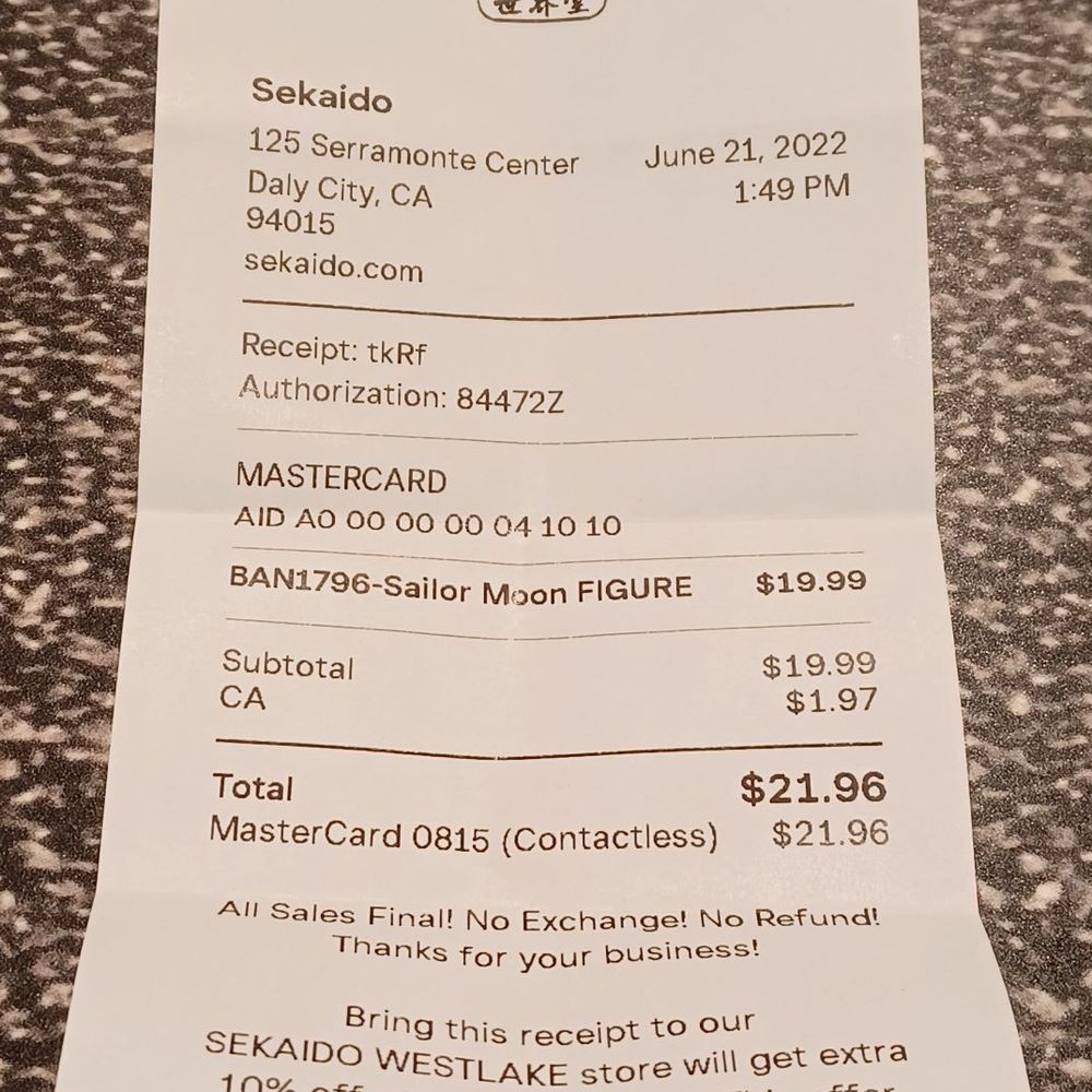 Sekaido - ~My Receipt Bill Total Of The Day~ - Hobby Shops Near Me - Daly City, California Sekaido - ~My Receipt Bill Total Of The Day~ - Hobby Shops Near Me - Daly City, California