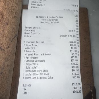 Da Toscano - Before tip - Italian Near Me - New York, New York