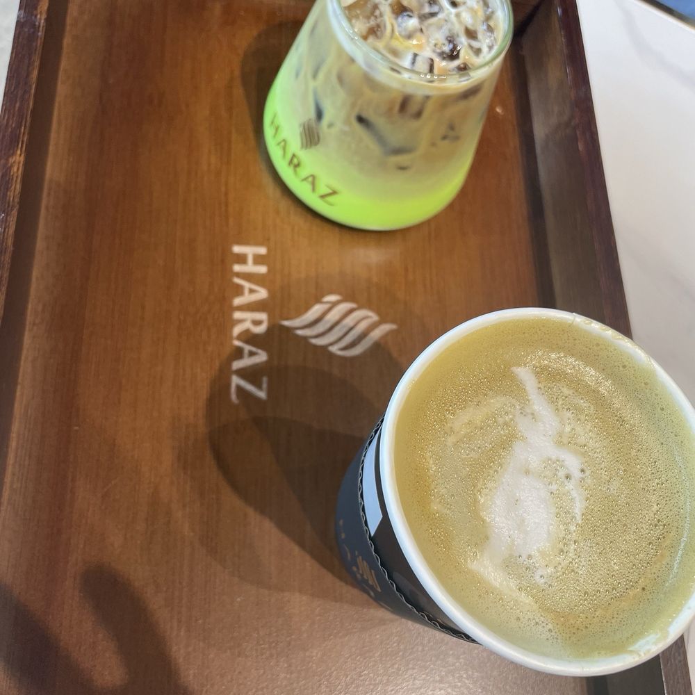 Iced and hot pistachio latte