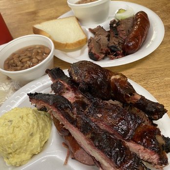 Bennie J's Smoke Pit - My 14 dollar 4 meat plate with sides. What a deal! - Barbeque Near Me - Huntsville, Texas Bennie J's Smoke Pit - My 14 dollar 4 meat plate with sides. What a deal! - Barbeque Near Me - Huntsville, Texas