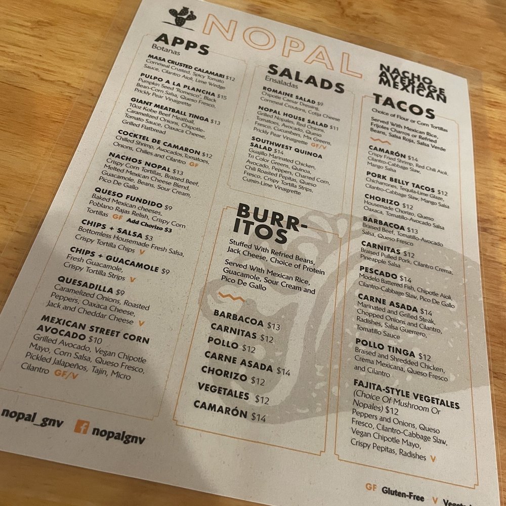 Nopal - Front of menu - Mexican Near Me - Gainesville, Florida Nopal - Front of menu - Mexican Near Me - Gainesville, Florida