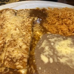 2 cheese enchiladas with rice and beans. 2 cheese enchiladas with rice and beans.