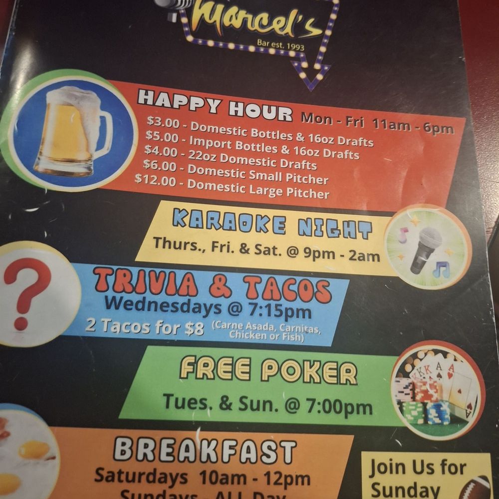 Marcel's Bar & Grill - Menu cover with daily calendar of fun. - Pubs Near Me - Phoenix, Arizona Marcel's Bar & Grill - Menu cover with daily calendar of fun. - Pubs Near Me - Phoenix, Arizona