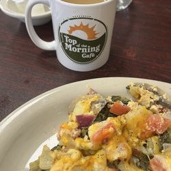 Top of the Morning Café - Coffee and Joey's special over greens - yum!