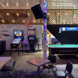 Pinball, darts, pool table karaoke