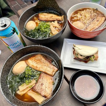 Ramen Kotori - We have here two bowls of The Shoya Raman /with pork belly and egg, Pork Belly Bao Bun! June Shine Hard Kombucha, beer - Ramen Near Me - Solvang, California Ramen Kotori - We have here two bowls of The Shoya Raman /with pork belly and egg, Pork Belly Bao Bun! June Shine Hard Kombucha, beer - Ramen Near Me - Solvang, California