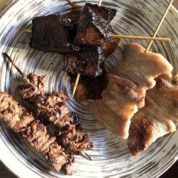 Ozumo - Robata Skewers (clockwise): Gyu Kakuni - Imperial Wagyu Short Rib ($12), Buta Bara - Pork Belly ($8), Gyu - Filet Mignon ($11) - Izakaya Near Me - San Jose, California