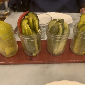 Jacob's Pickles - Pickle flight (tomatoes, hot sours, big dills, sweet and sour) - Comfort Food Near Me - New York, New York Jacob's Pickles - Pickle flight (tomatoes, hot sours, big dills, sweet and sour) - Comfort Food Near Me - New York, New York
