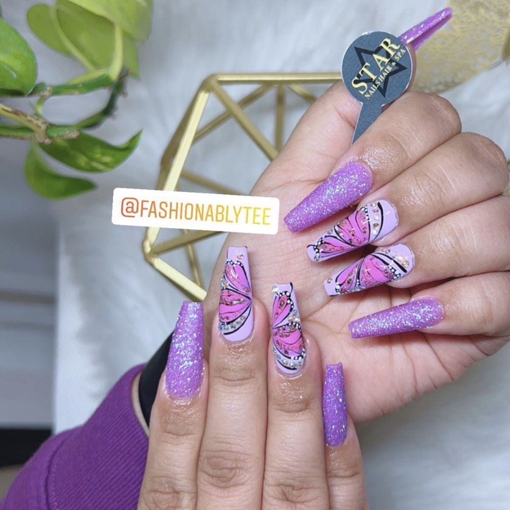 Star Nails - Purple and pink Butterfly design with glitter and rhinestones by EMILY - Nail Salons Near Me - Fountain Valley, California Star Nails - Purple and pink Butterfly design with glitter and rhinestones by EMILY - Nail Salons Near Me - Fountain Valley, California