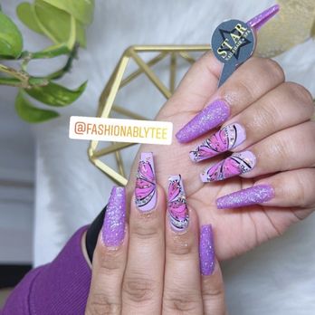 Star Nails - Purple and pink Butterfly design with glitter and rhinestones by EMILY - Nail Salons Near Me - Fountain Valley, California Star Nails - Purple and pink Butterfly design with glitter and rhinestones by EMILY - Nail Salons Near Me - Fountain Valley, California