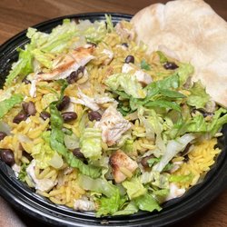 Chicken Kitchen - Large Cuban Chop Chop (no tomato) - Mexican Yellow Rice - Chopped Grilled Chicken - Black Beans - Shredded Lettuce - 1/2 White Pita