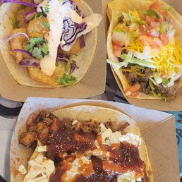 Baja shrimp taco, brisket, and a texan