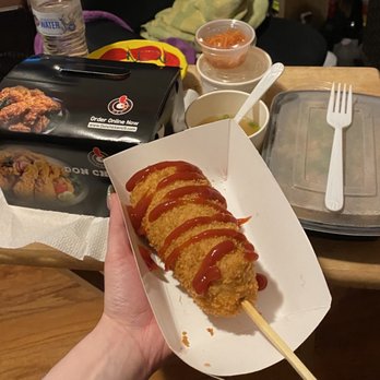 Don Chicken - Whole order in packaging - Mozzarella Korean corn dog, soup, rice, pickled radishes and carrots - Chicken Wings Near Me - Palisades Park, New Jersey