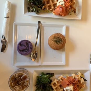 Hood Famous - The spread: salmon mochi waffles, lentil puff, Ube cheesecake, and Ube macchiato - Cafes Near Me - Seattle, Washington Hood Famous - The spread: salmon mochi waffles, lentil puff, Ube cheesecake, and Ube macchiato - Cafes Near Me - Seattle, Washington