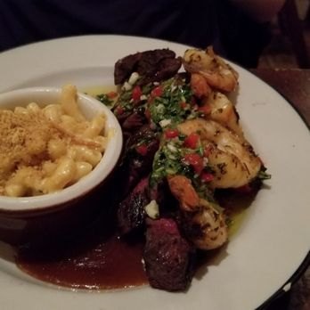 Moonshine Grill - Hangar steak with black pepper shrimp (special) with mac&cheese - Southern Near Me - Austin, Texas