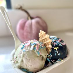 Mayday Ice Cream - Strawberry matcha ice cream, and black vanilla. Both seasonal/limited time flavors at this location