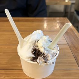 Half lemon sorbet half cookies and cream gelato