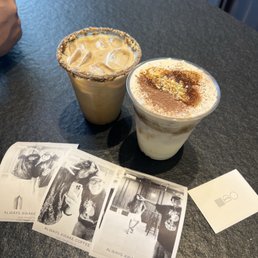 Nutty caramel latte on left, pb cream latte on right