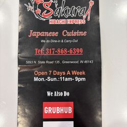 Sakura Japanese Hibachi & Sushi - Phone number for takeout you can also use GrubHub and DoorDash