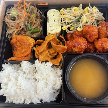 Chilban - Build Your Own! (White rice, spicy fried chicken, fish cake, tamago, japchae, brussel sprouts, korean pancake, miso soup) - Korean Near Me - Fullerton, California Chilban - Build Your Own! (White rice, spicy fried chicken, fish cake, tamago, japchae, brussel sprouts, korean pancake, miso soup) - Korean Near Me - Fullerton, California