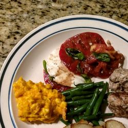Julie Noel - Personal Chef - A fall medley of butternut squash, lamb meatballs, green beans with a warm shallot vinaigrette and basil tomatoes.