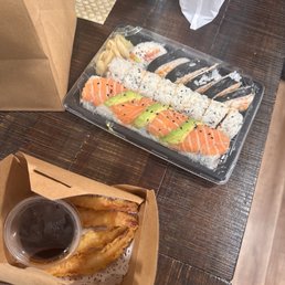 pink roll, spicy tuna roll, shrimp tempura pink roll, spicy tuna roll, shrimp tempura