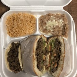 Tacos Goyo - Carne asada torta and carne asada taco, rice and beans