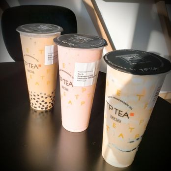 TP Tea - L to R - Boba Milk Tea, Strawberry Milk Tea, Fresh Milk Tea with Brûlée. - Bubble Tea Near Me - Irvine, California
