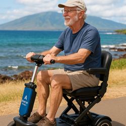 Akamai Mobility - Older man wearing a cap rides a black foldable scooter from Akamai Mobility along the coastline near Waikoloa, Big Island Hawaii.