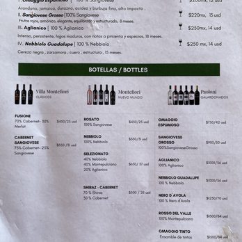 Villa Montefiori - Tasting, by the glass, and bottle menu as of our 8/10/24 visit. Hotel guests receive 20% discount. - Wine Tasting Room Near Me - Ensenada, BCN Villa Montefiori - Tasting, by the glass, and bottle menu as of our 8/10/24 visit. Hotel guests receive 20% discount. - Wine Tasting Room Near Me - Ensenada, BCN