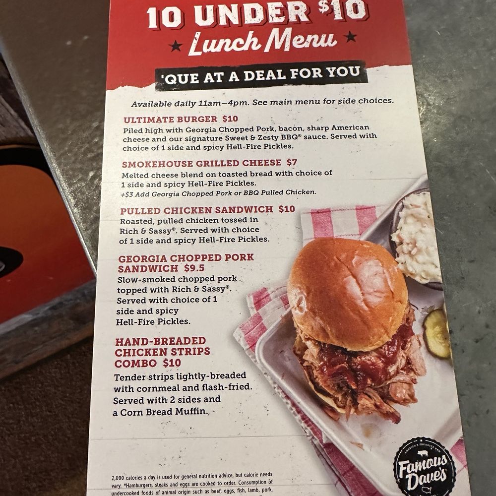 Famous Dave's Bar-B-Que - 10 Under $10 Lunch Menu - Barbeque Near Me - Apple Valley, Minnesota Famous Dave's Bar-B-Que - 10 Under $10 Lunch Menu - Barbeque Near Me - Apple Valley, Minnesota